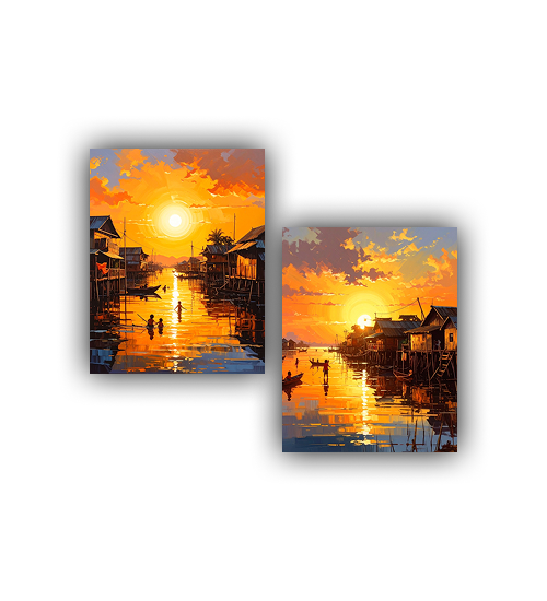 Golden Reflections: Sunset Village on the Water