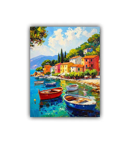 Lakeside village colorful canvas wall painting