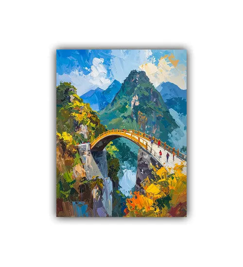 Mountain valley bridge nature canvas painting