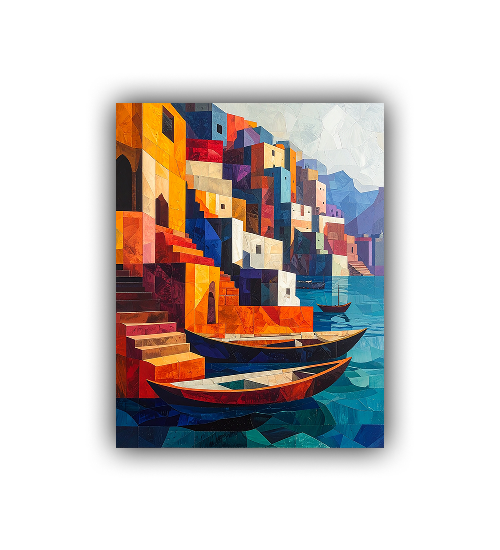 Cubist Riverfront: Boats and Sunlit Steps