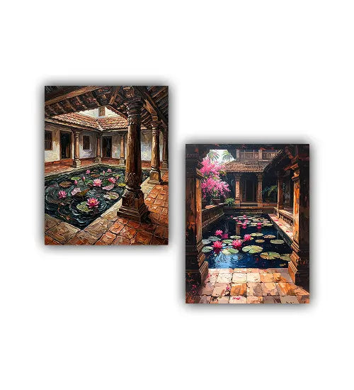 Traditional village courtyard canvas painting set