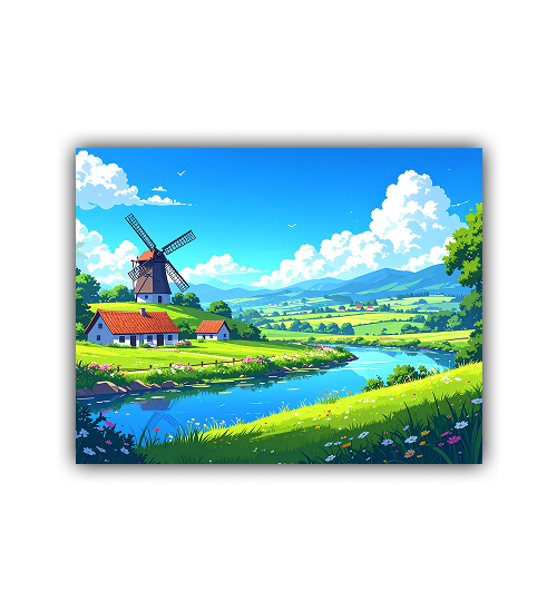 Countryside Windmill Landscape Art - Nature Canvas Painting