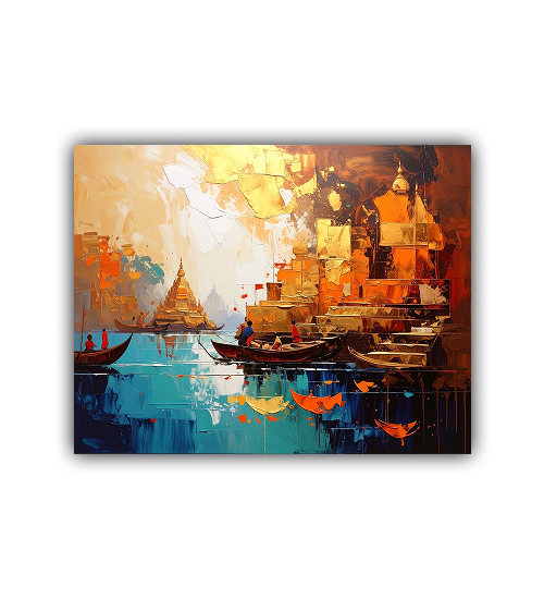 Asian Temple Waterfront Art - Pagoda & Boats Canvas Painting