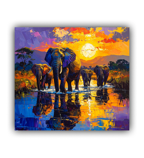 African Elephant Safari Canvas - Sunset Wildlife Painting