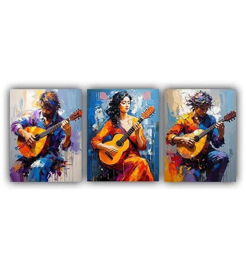 Abstract musical painting set featuring vibrant guitars