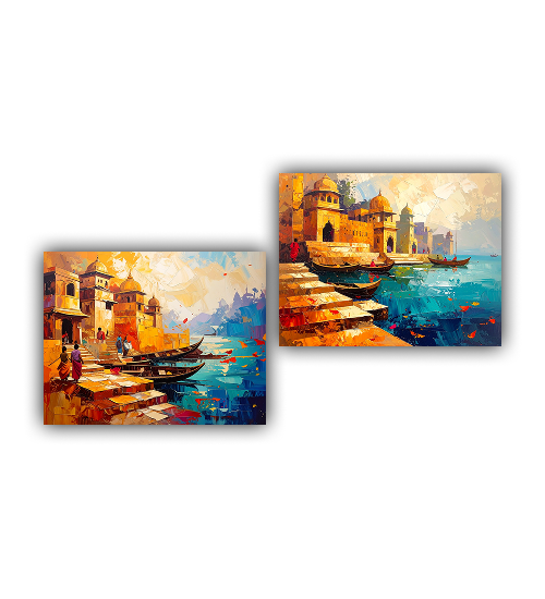 Indian Ghat Heritage Canvas Art - Traditional Riverside Wall Art