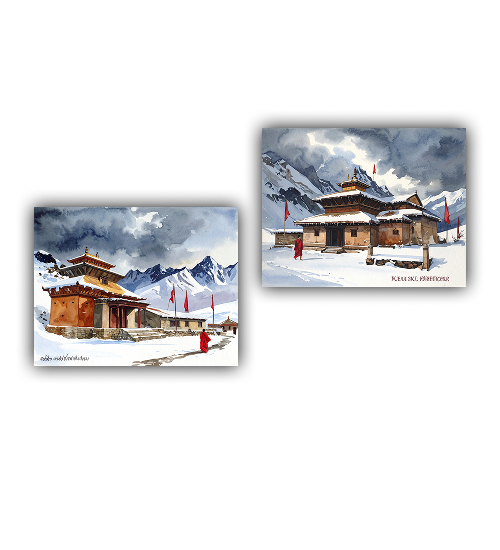 Snow covered mountain house canvas painting