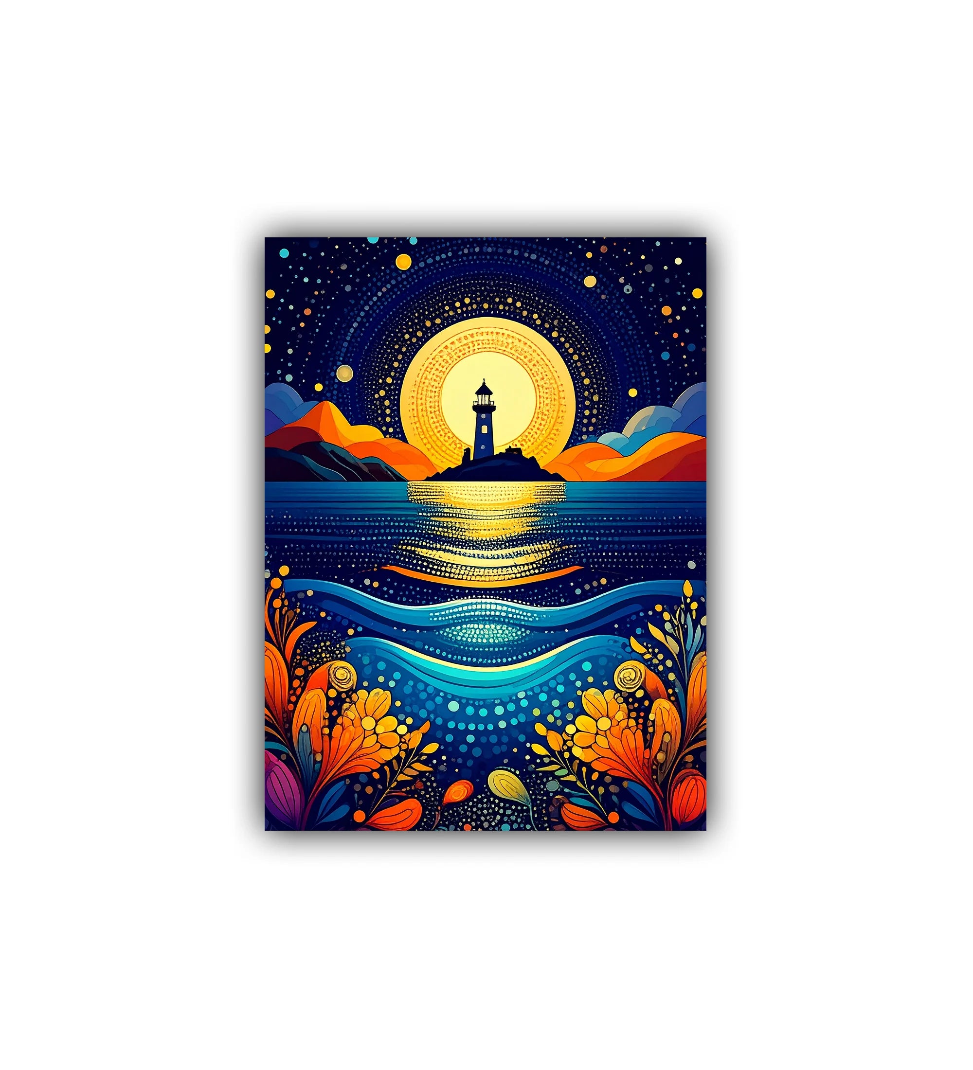 Colorful artwork of a lighthouse on an island with a starry night sky.