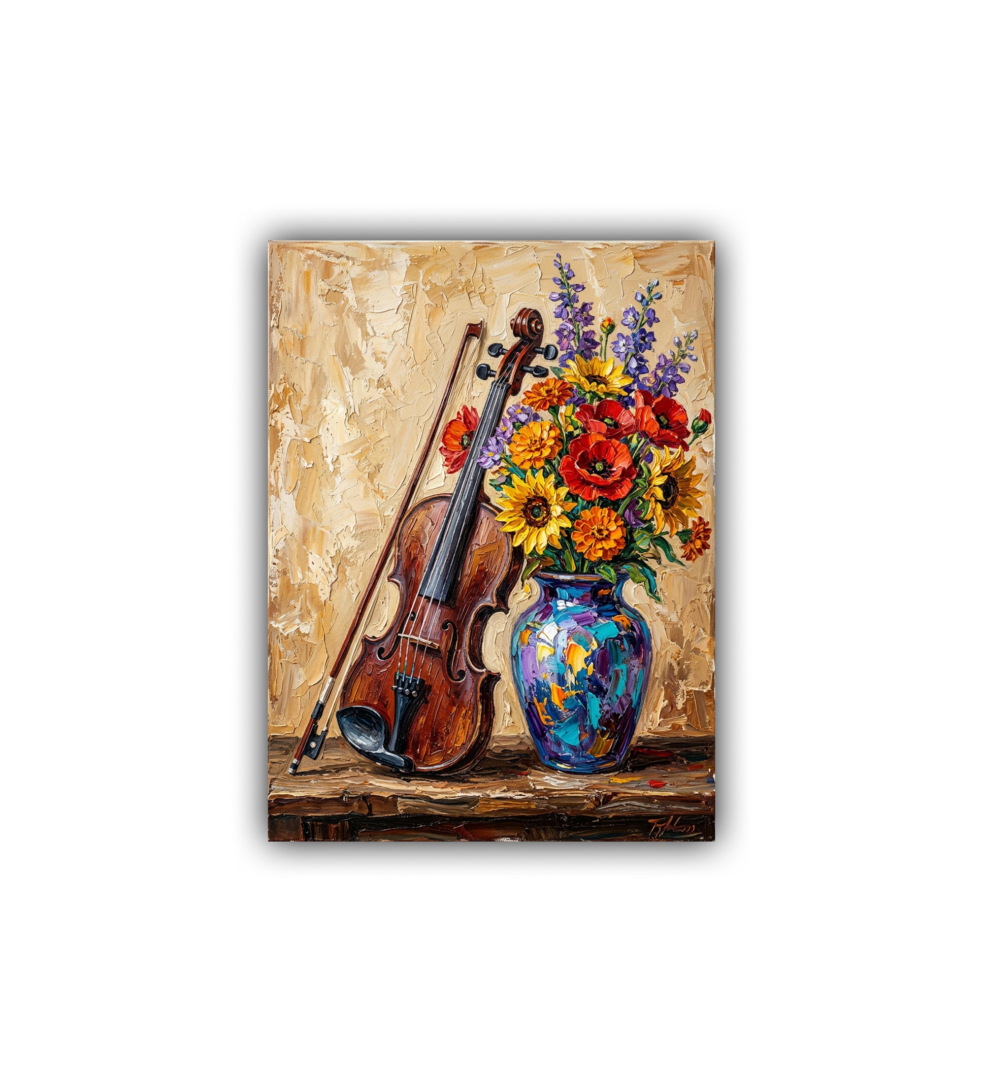 Painting of a violin and vase with flowers on a wooden surface