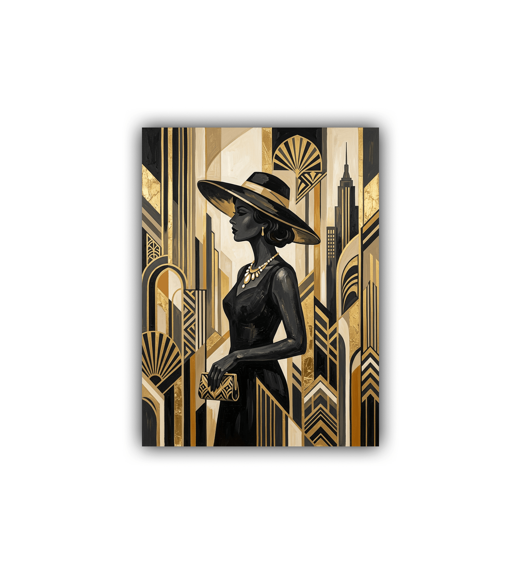Art Deco-style painting of a woman in a black dress and hat against a cityscape background.