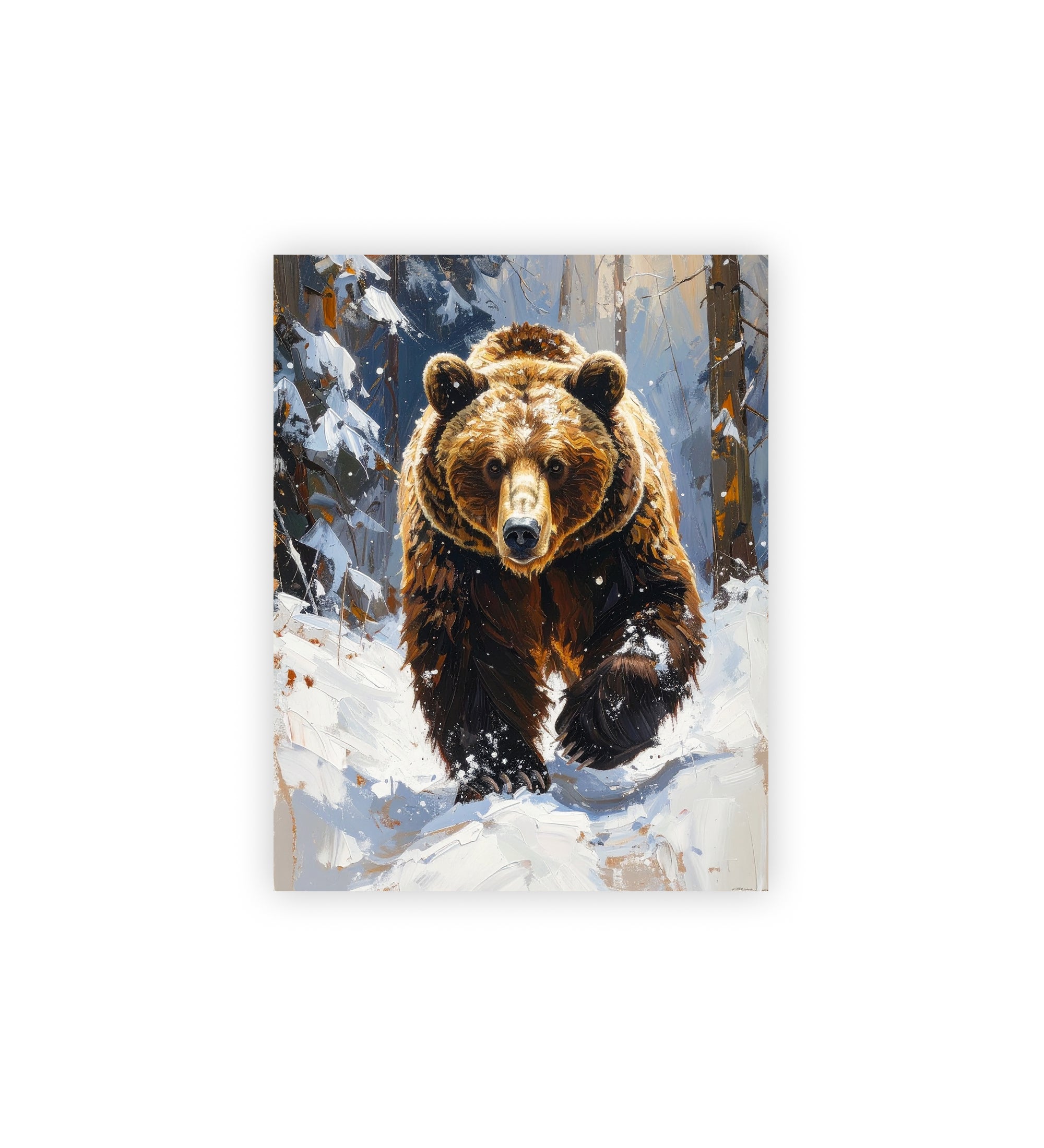 Painting of a bear walking through a snowy forest
