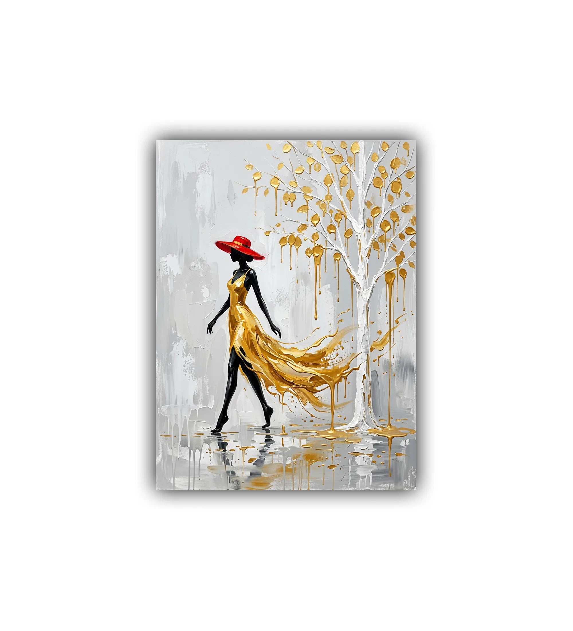 Artistic depiction of a woman in a yellow dress and red hat walking through a forest with gold foliage on a white background.