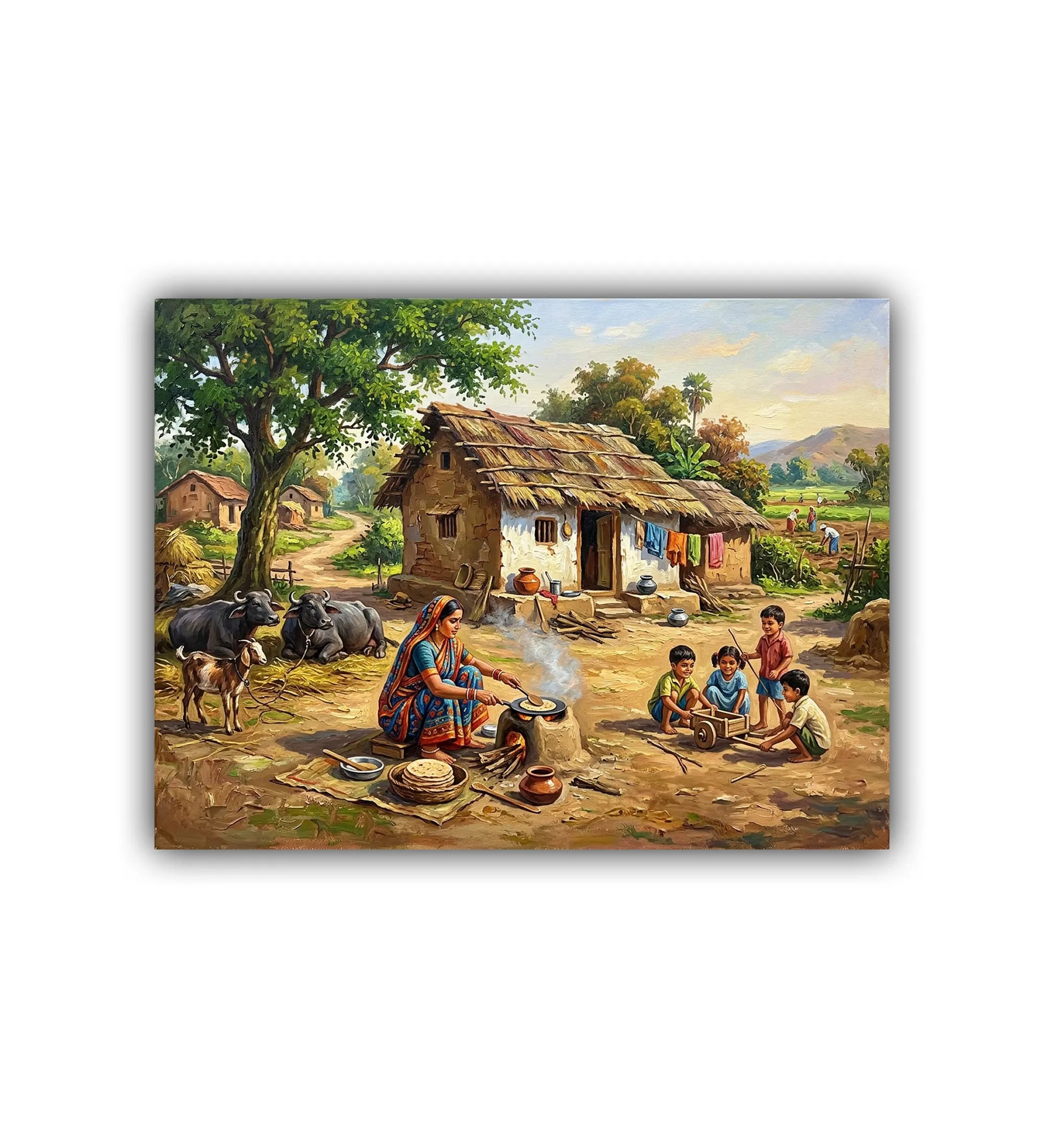 Village scene with a woman cooking and children playing, set against a scenic background.