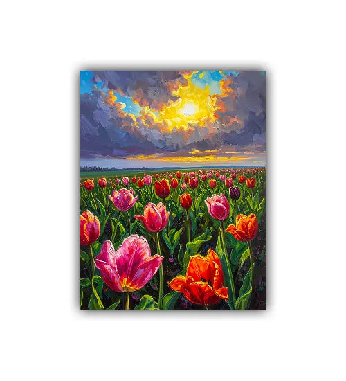 Sunset Tulip Field Wall Art – Vibrant Landscape Canvas Painting for Home & Café Décor