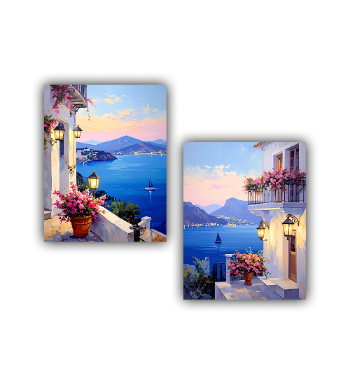 Mediterranean coastal balcony canvas painting set