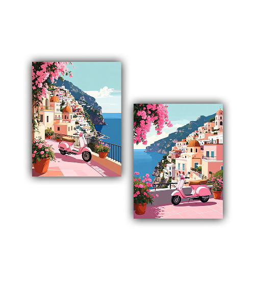 Coastal village landscape canvas wall art set of two