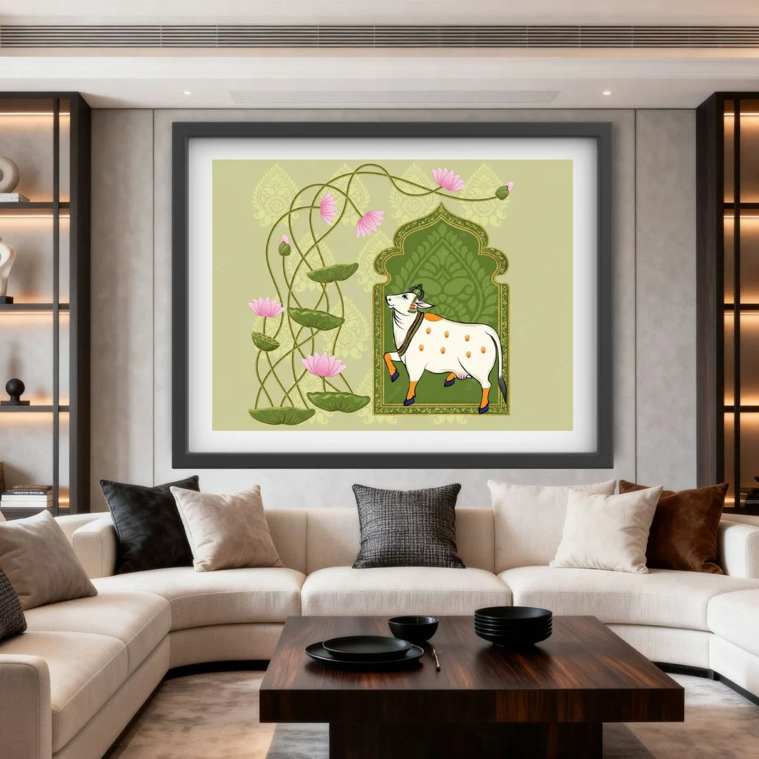 Framed artwork of a cow in a decorative archway on a wall in a living room.