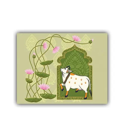 Decorative card with a cow and floral design on a light green background