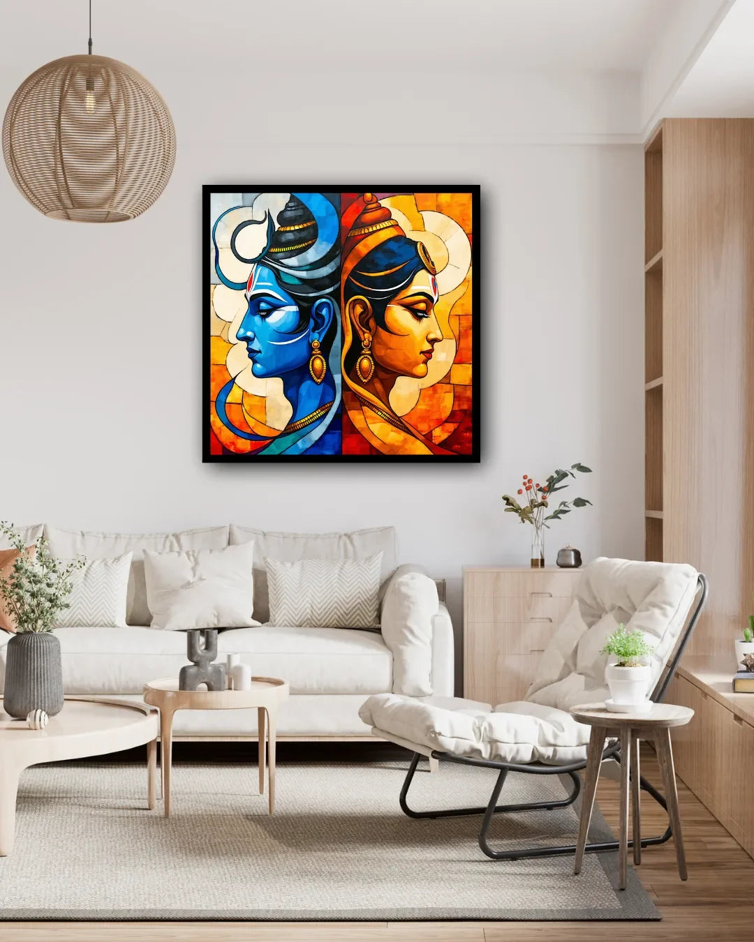 Abstract Shiva Parvati wall art with vibrant blue and orange tones for modern living room decor