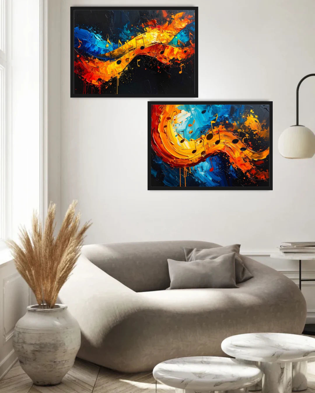 Living room with abstract paintings on the wall, a gray sofa, and decorative elements.