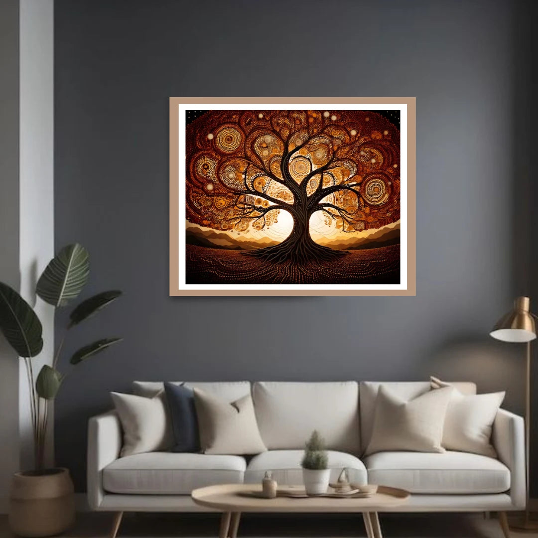 Framed artwork of a tree with a dark background in a living room setting.