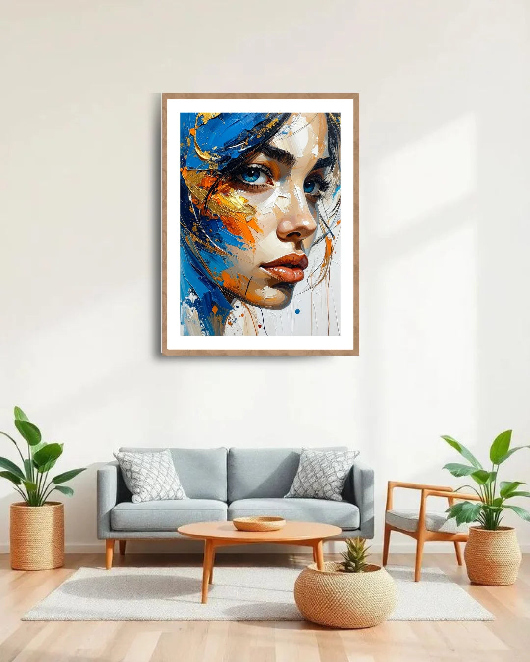 Modern abstract female face wall art painting for contemporary living room decor
