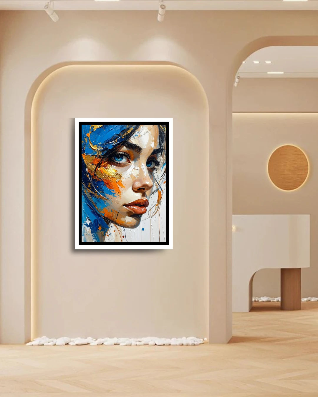 Contemporary abstract female portrait wall art with artistic color splashes
