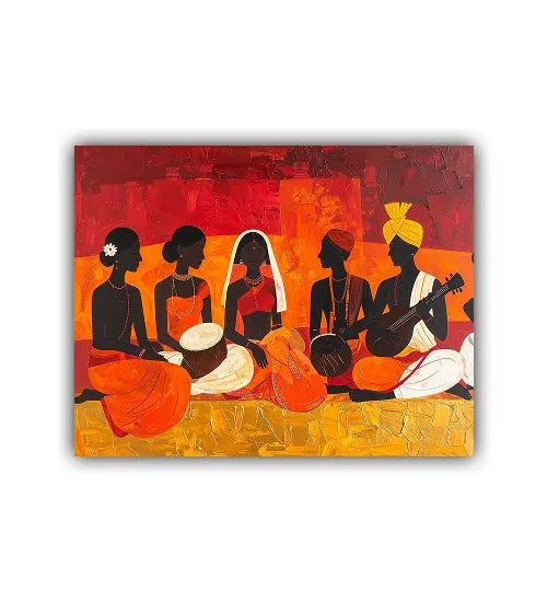 Handcrafted style tribal folk art group painting ethnic design