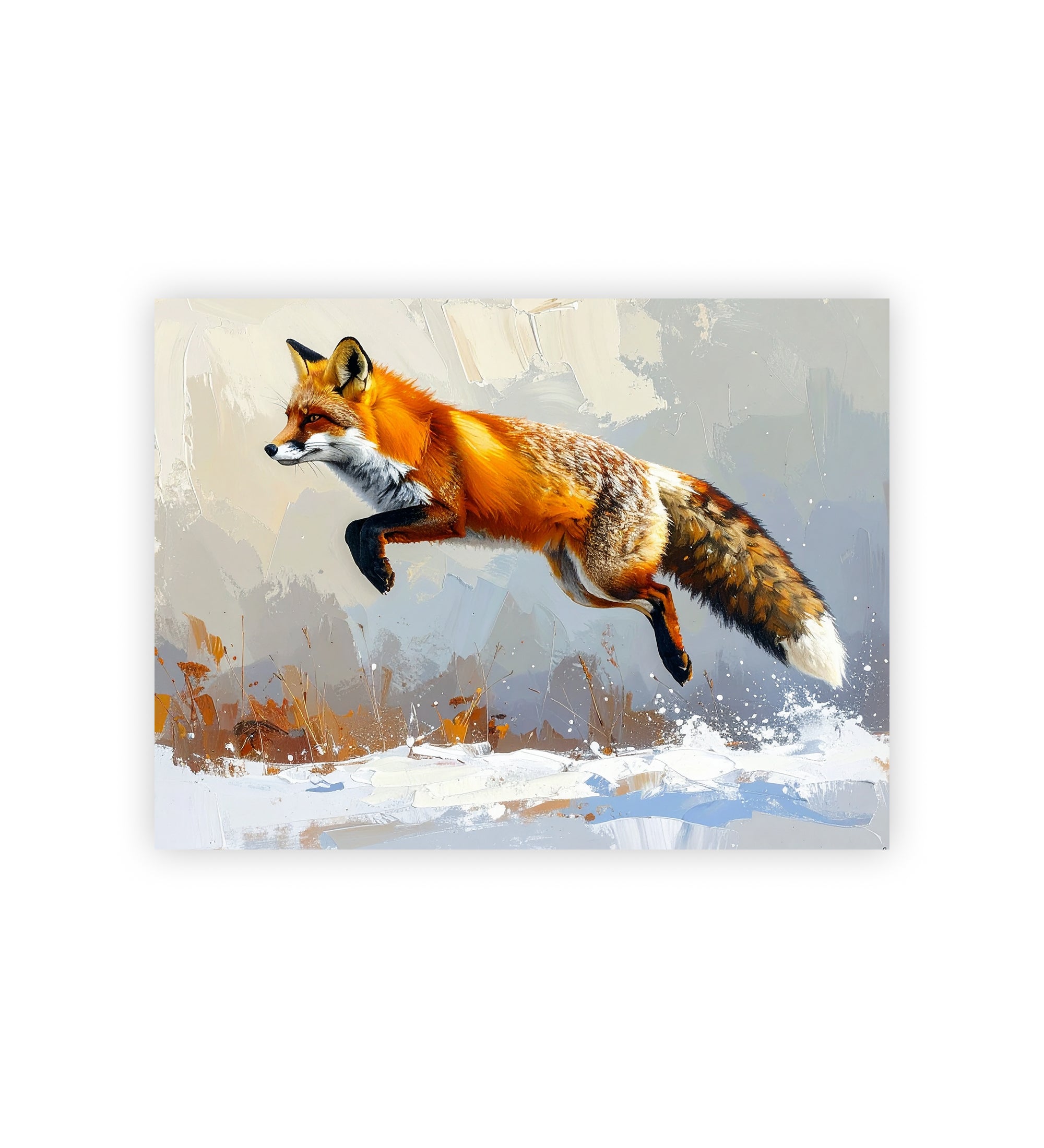 Painting of a fox leaping through the air with a snowy landscape in the background.
