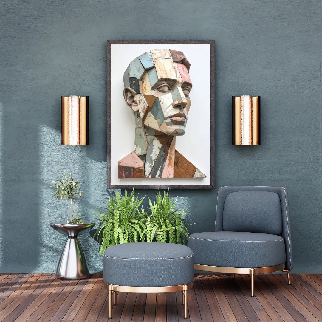 Modern abstract portrait wall art featuring a geometric male face in contemporary living room