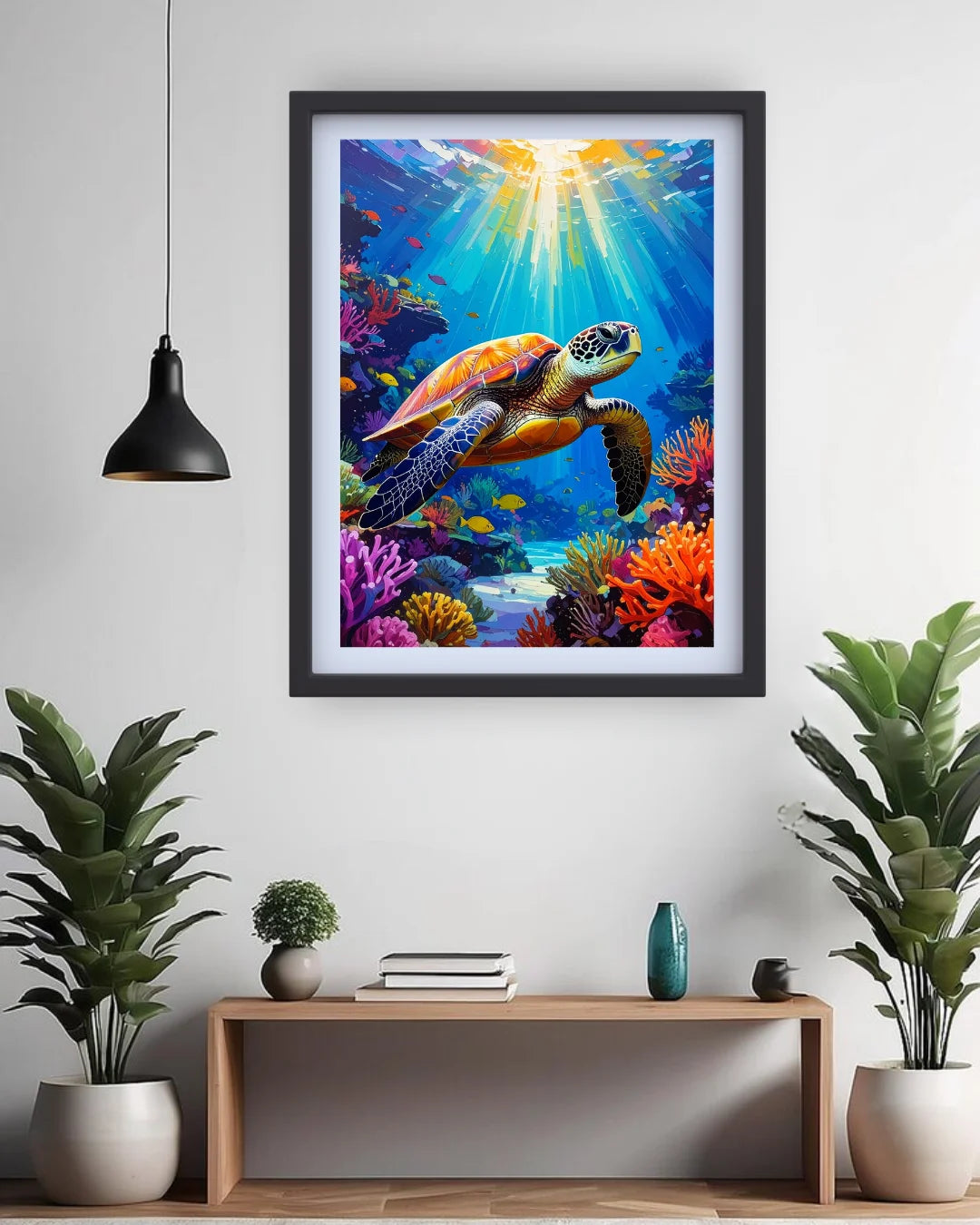 Framed artwork of a turtle in an underwater scene with coral on a wall above a wooden console table.