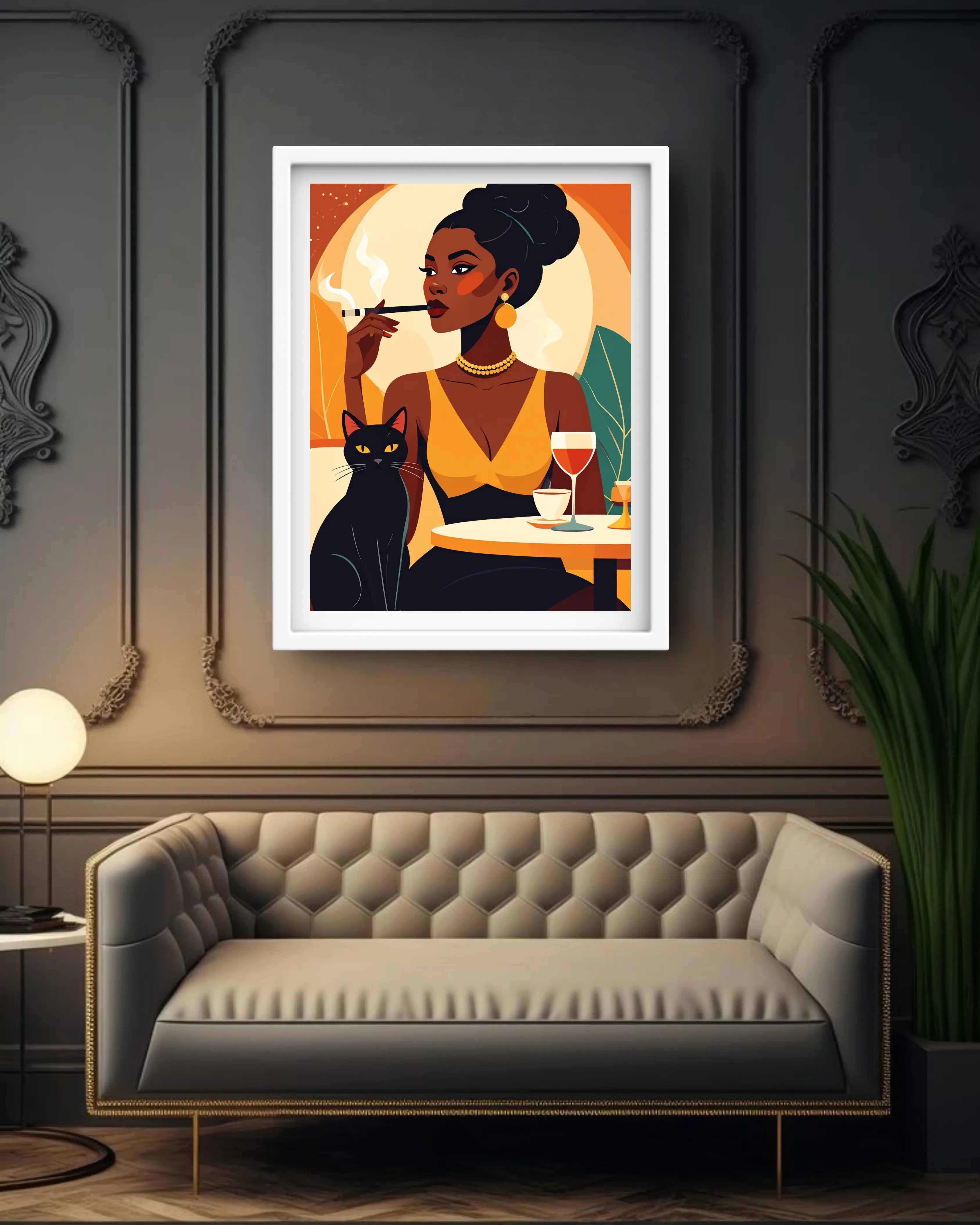 Framed artwork of a woman with a cat and a glass of wine in a living room setting.