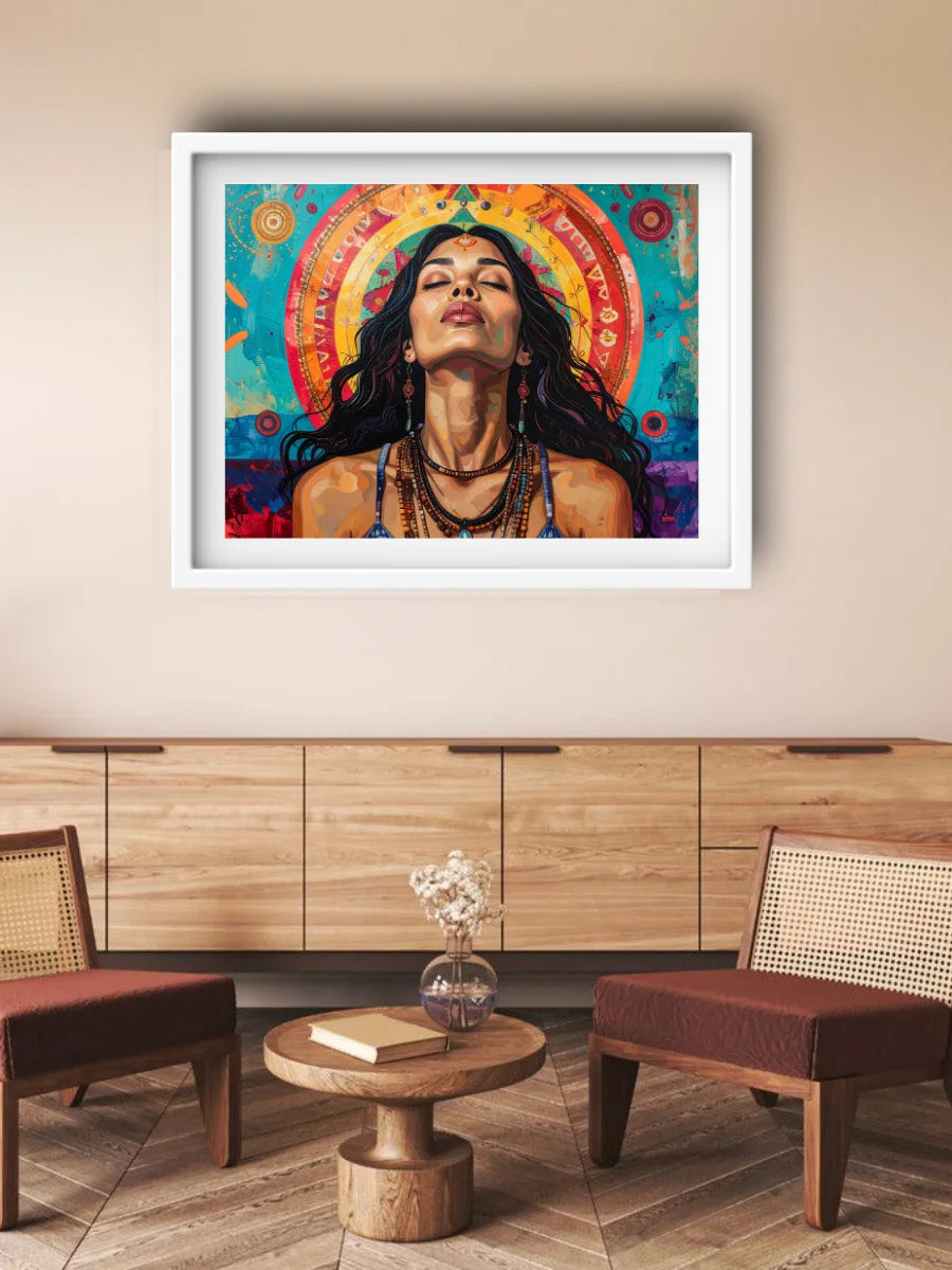 Framed colorful artwork of a woman with a vibrant background in a living room setting.