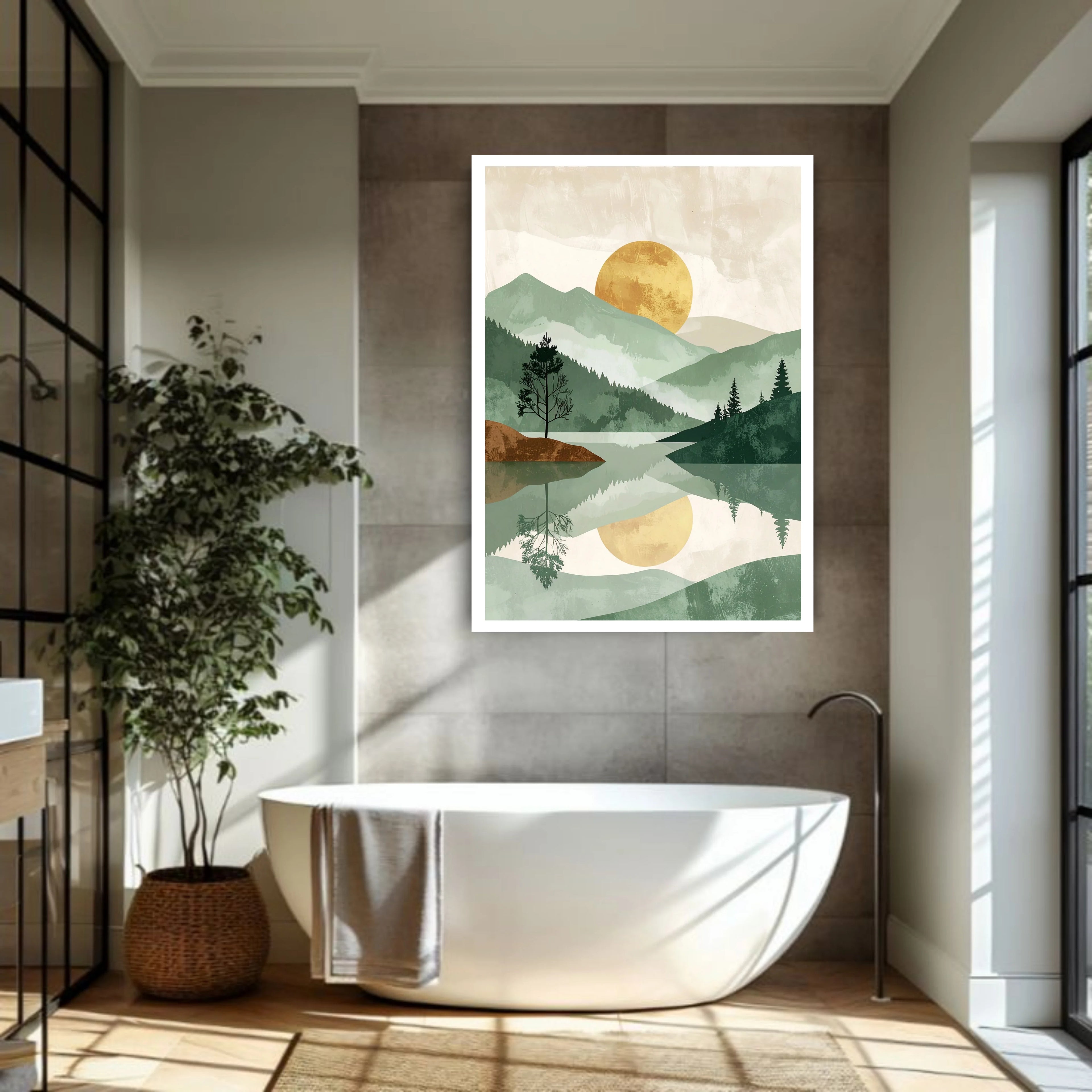 Modern bathroom with a freestanding bathtub, plant, and wall art of a landscape with trees and a sun.
