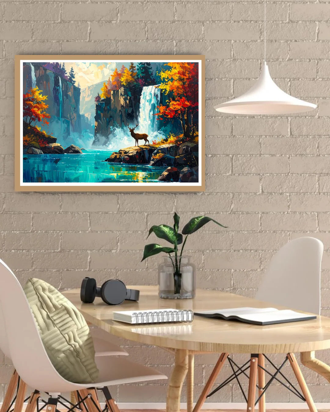 Framed painting of a mountain landscape with a deer on a wall above a desk.