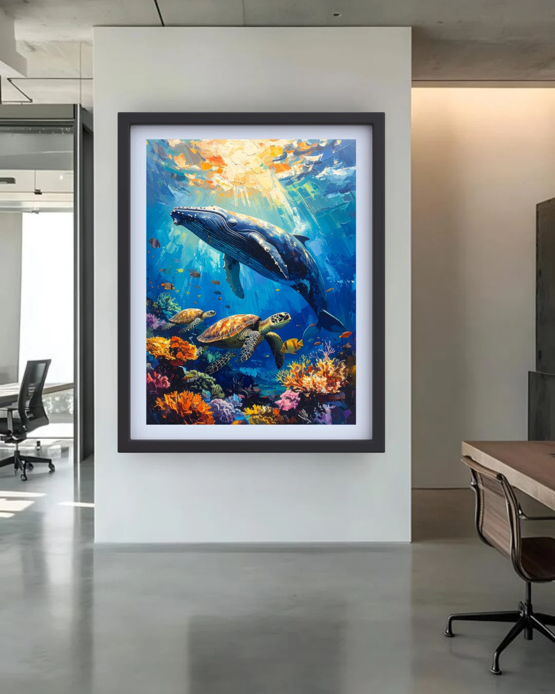 Framed artwork of a whale and sea creatures underwater scene in an office setting