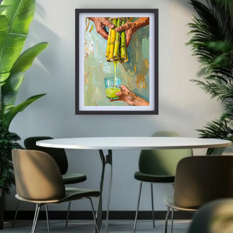 A framed art print depicting hands squeezing green juice from a plant into a glass, displayed on a light gray wall above a modern white dining table with chairs.
