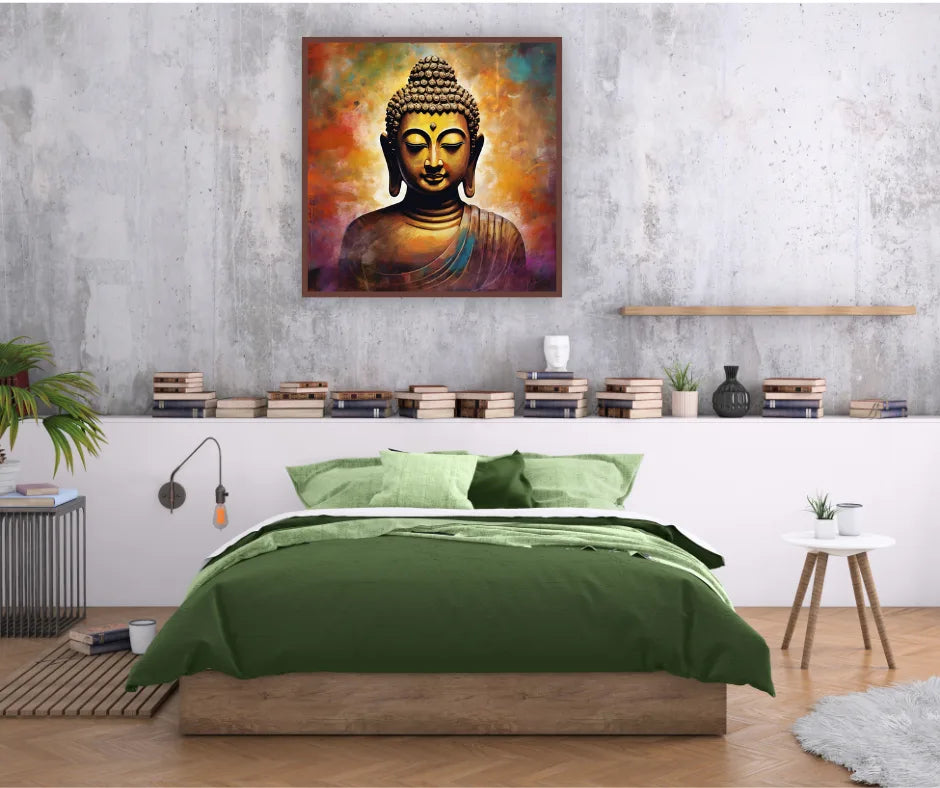 Golden Buddha painting displayed above a green bedding setup in a modern bedroom interior.