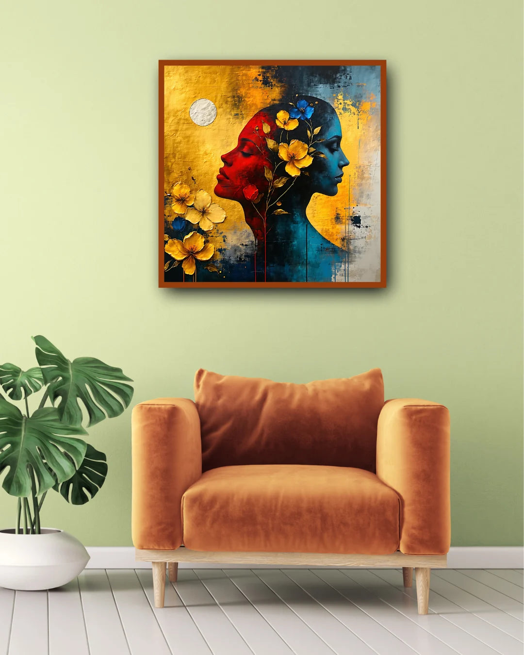 Contemporary abstract woman wall art displayed in living room