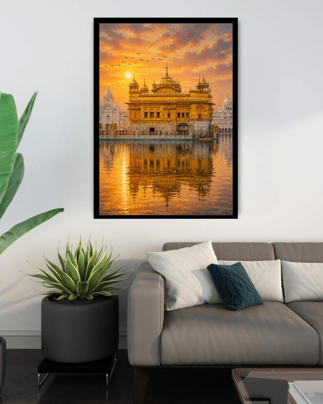 Golden Temple wall art canvas in modern living room decor