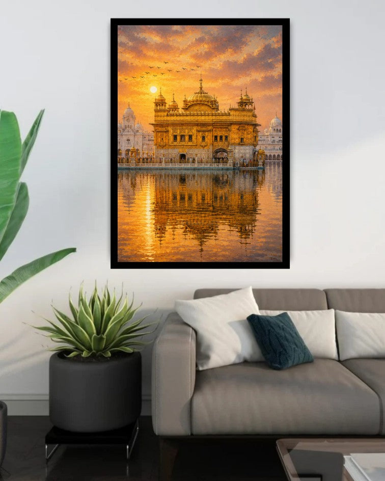 Golden Temple wall art canvas painting displayed above a modern living room sofa.