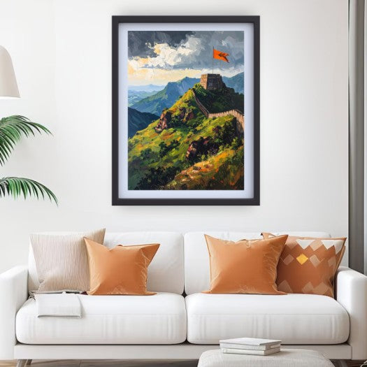 A framed art print depicting a scenic mountain landscape with a winding wall and a small orange flag, displayed on a white wall above a modern white sofa with orange and beige pillows.