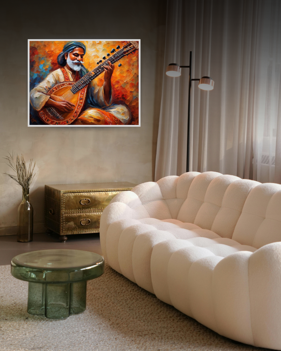 Abstract guitar musician painting displayed above a white sofa in a modern living room.
