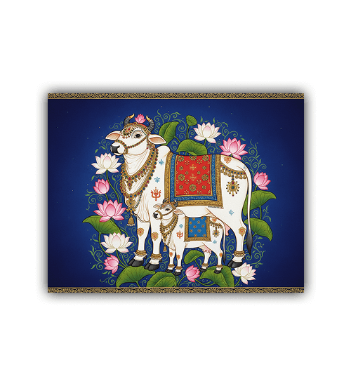 Decorative wall art with a cow and calf on a blue background