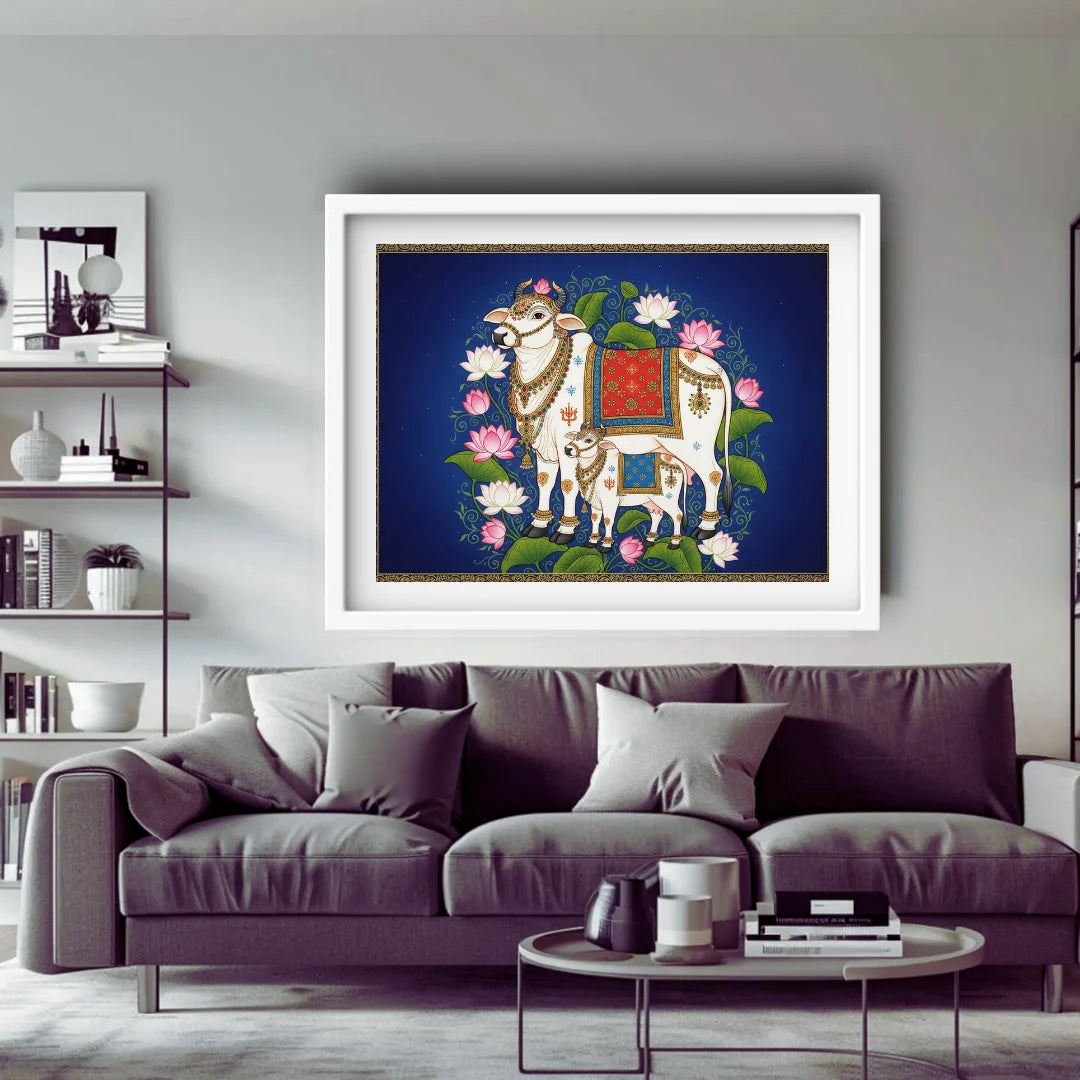 Decorative painting of a cow with flowers on a wall above a purple sofa in a living room.