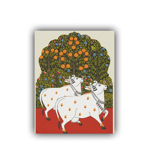 Canvas print with two white cows under an orange tree on a beige background