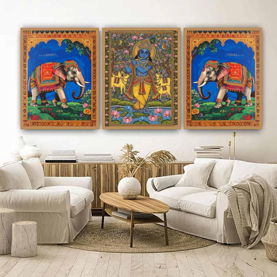 Living room with decorative wall art featuring elephants and a deity.