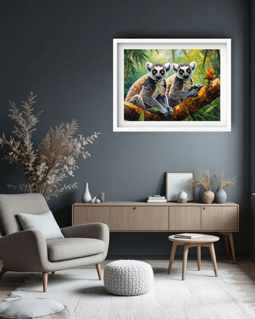 Living room with a painting of two lemurs on a branch above a wooden cabinet.