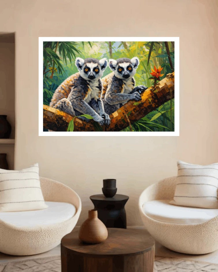 Two lemurs on a branch in a forest setting, framed and hanging on a wall above a living room.