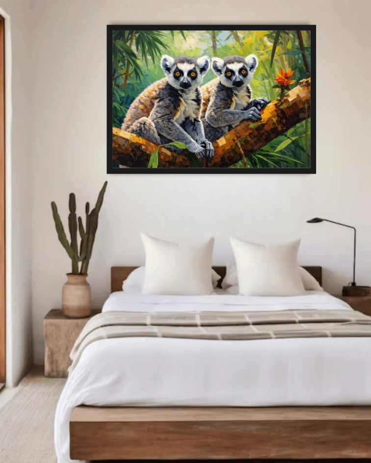 Framed artwork of two lemurs on a branch above a bed in a bedroom.
